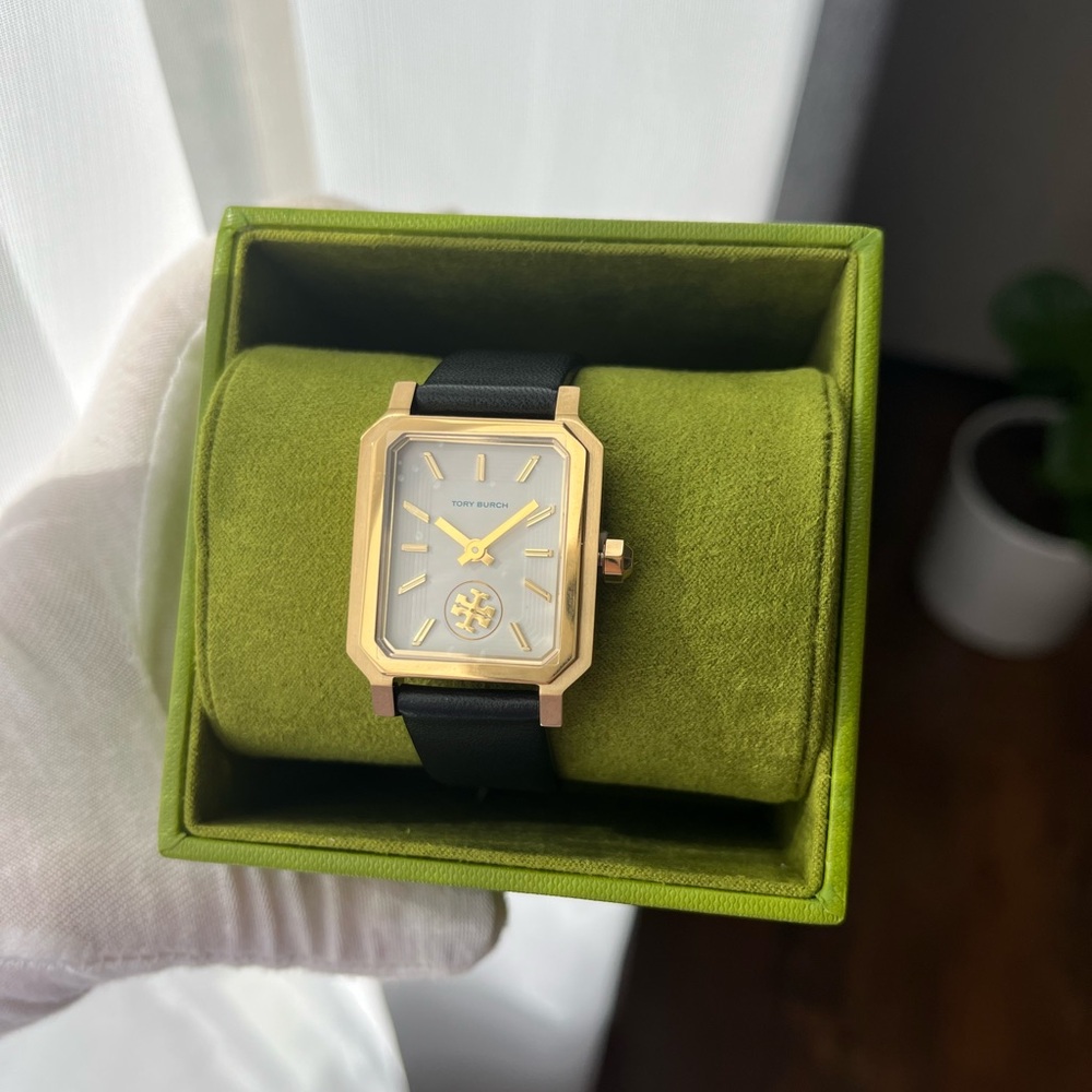 Tory Burch Robinson Gold Black Leather Strap Watch TBW1504